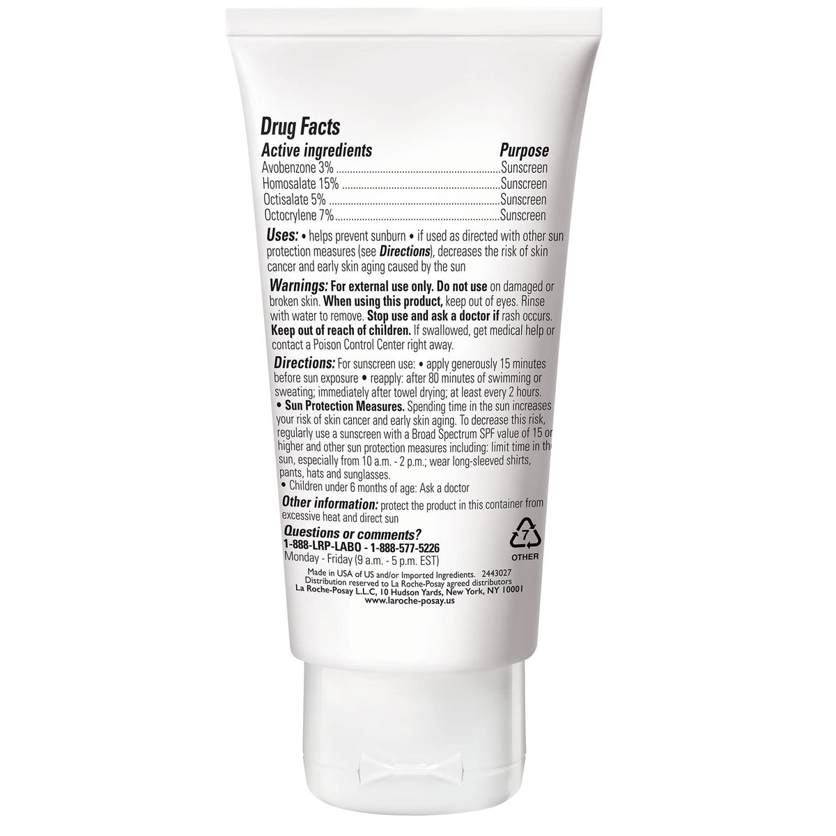 La Roche-Posay product label with ingredient list and dermatologist-tested benefits