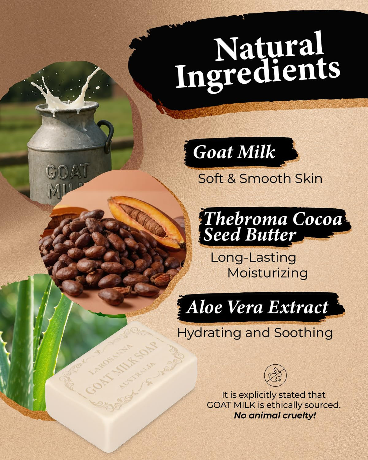 larosanna ingredients label highlighting goat milk cocoa butter and clean formulation benefits