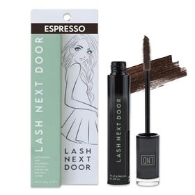 Lash Next Door front packaging in Espresso Brown showing label and tube for quick identification