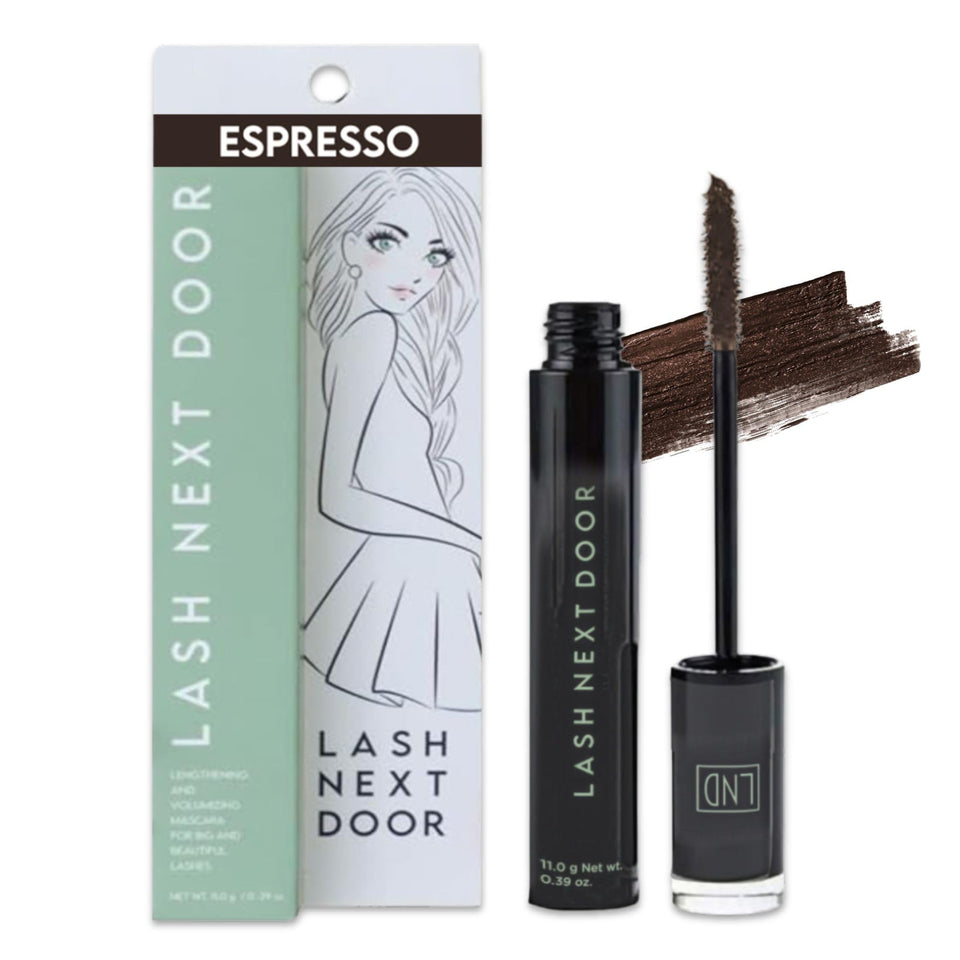 Lash Next Door front packaging in Espresso Brown showing label and tube for quick identification