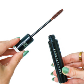 Lash Next Door brown mascara swatch on card displaying true Espresso Brown shade and coverage