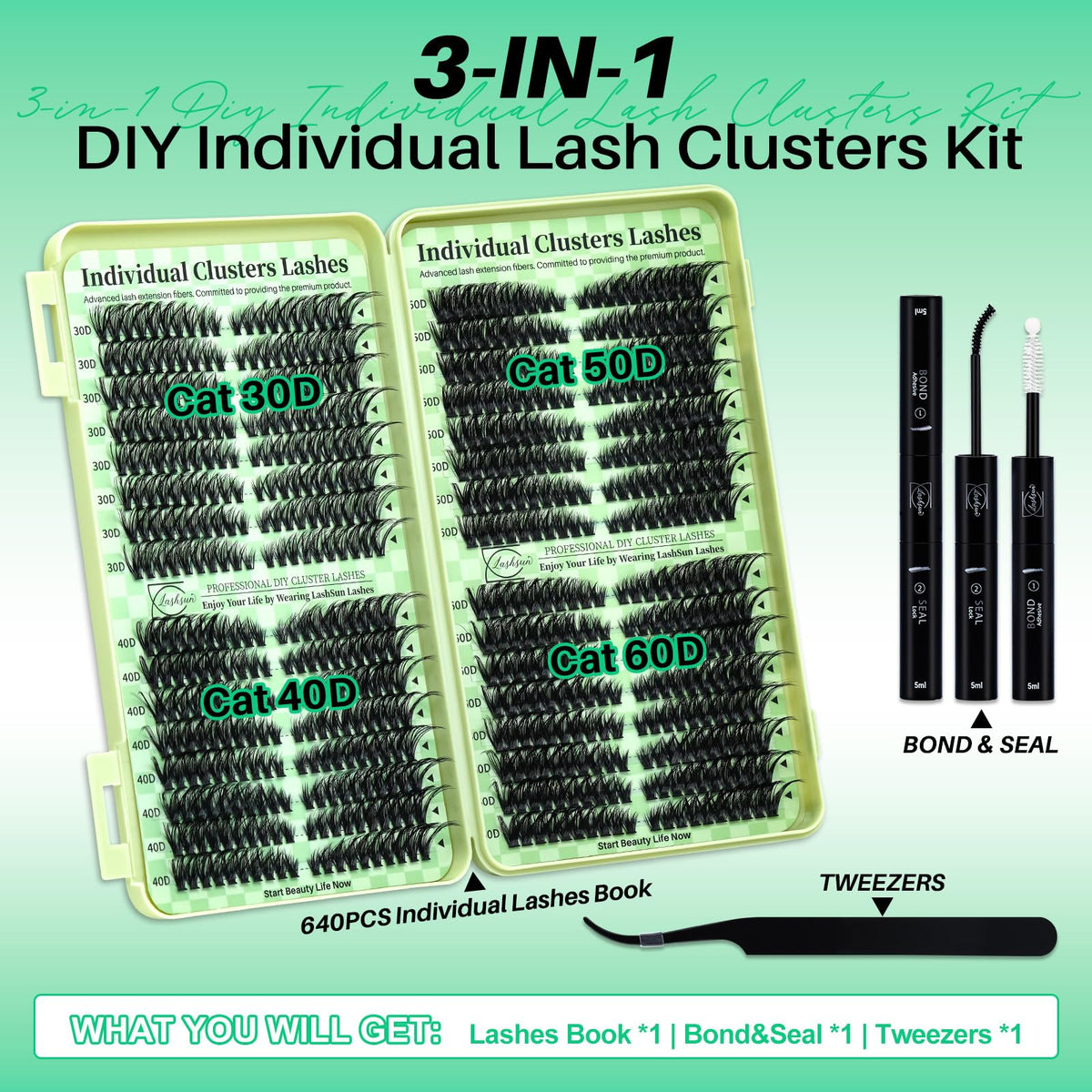 LASHSUN close-up of 30D, 40D, 50D, 60D cluster variants highlighting layering options