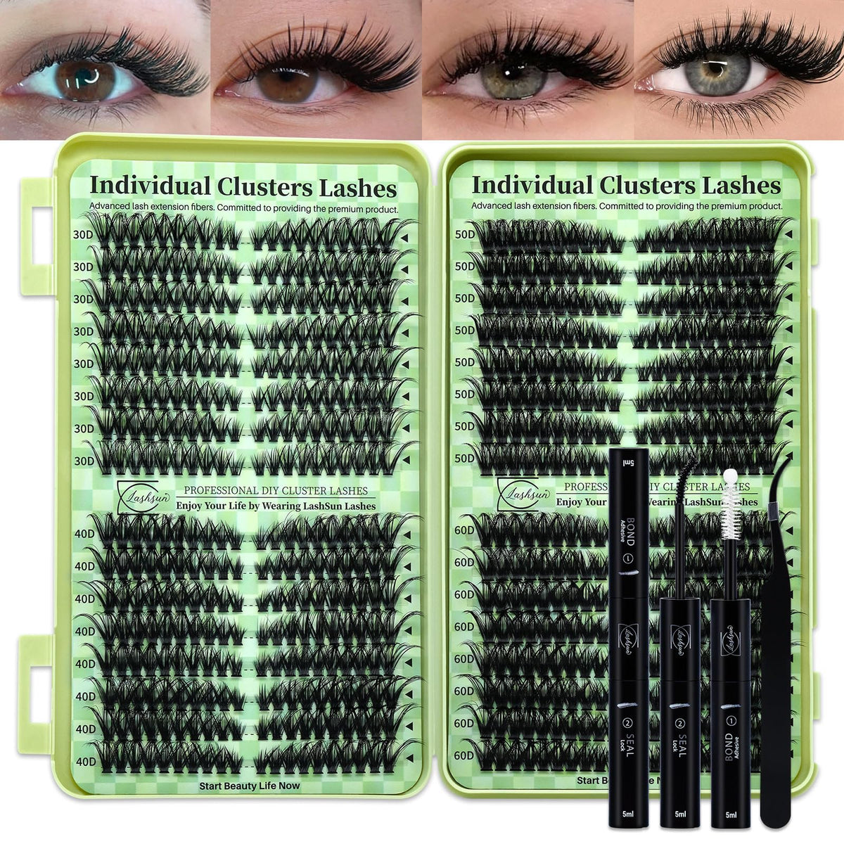 LASHSUN front packaging showing the full 640pc cluster kit and included tools for convenience