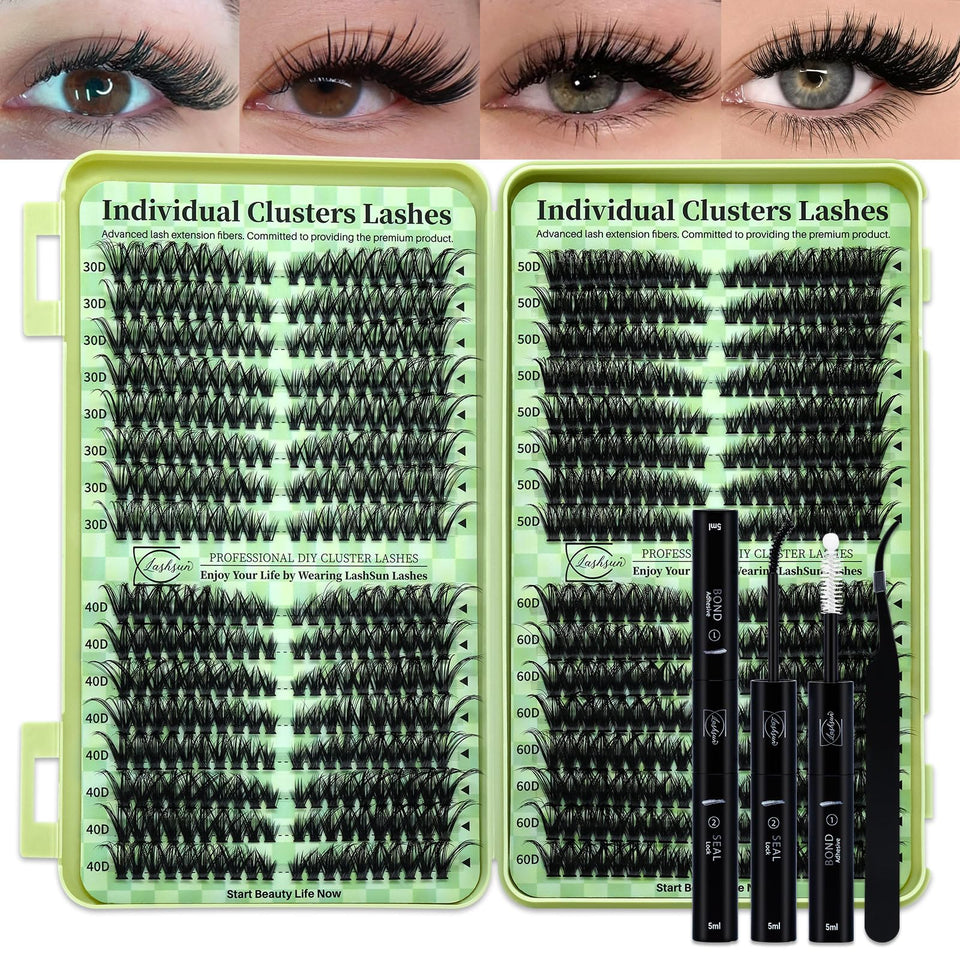 LASHSUN front packaging showing the full 640pc cluster kit and included tools for convenience