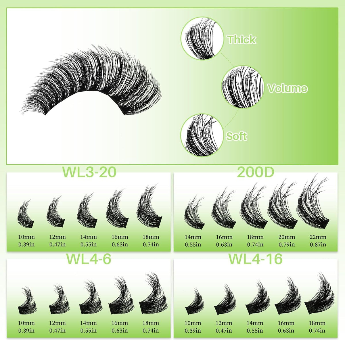 LASHSUN length comparison from 10mm to 22mm showing styling options