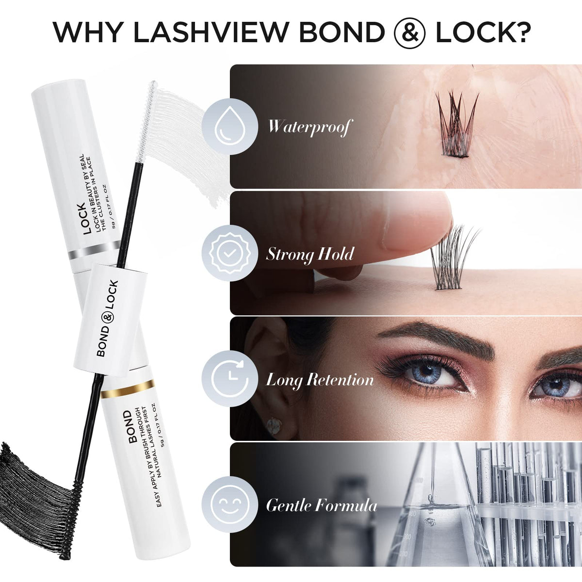 LASHVIEW Bond wand close-up demonstrating precision applicator for clean lash placement