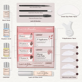LASHVIEW contents flatlay displaying tools and solutions for consistent results
