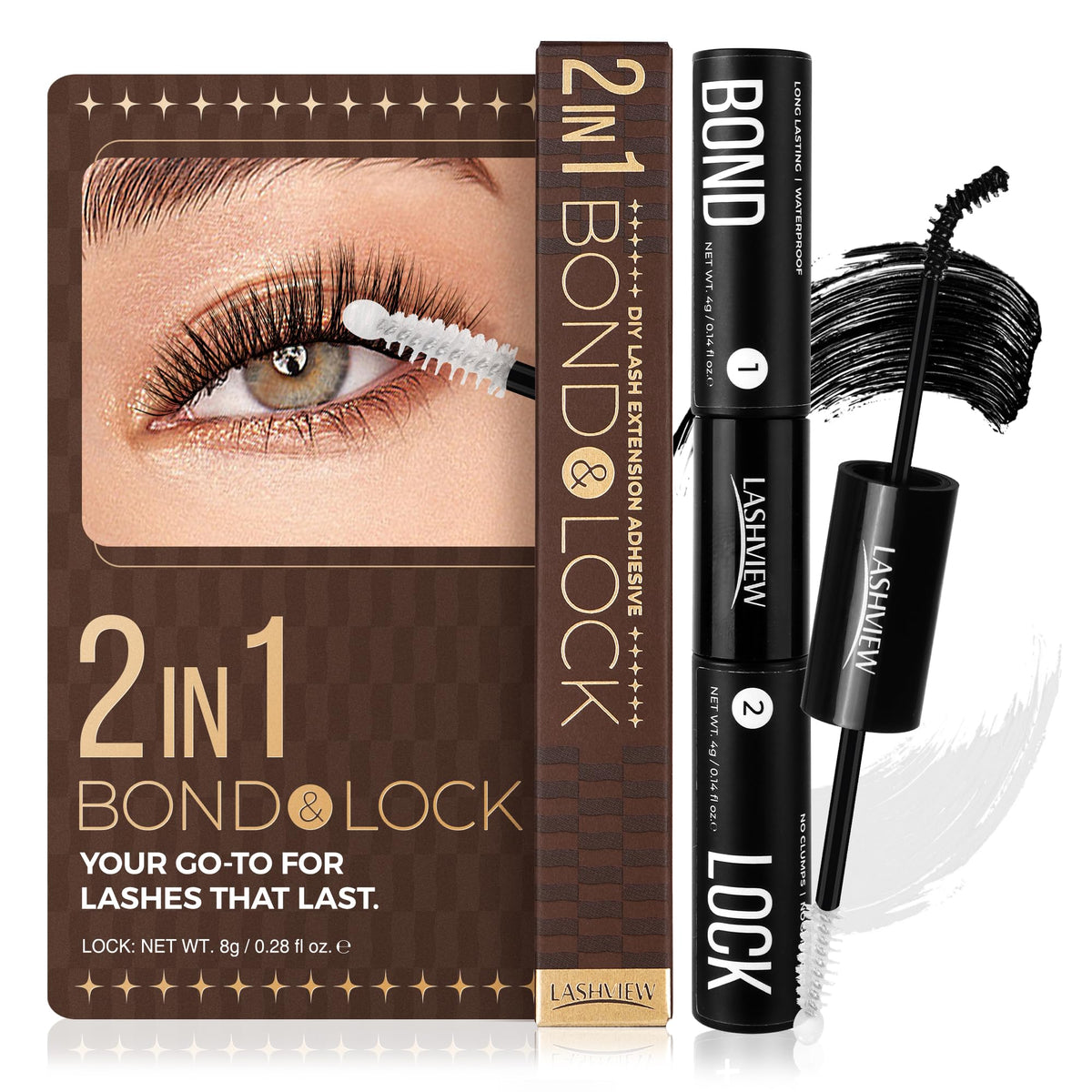 LASHVIEW front packaging showing product and benefits for strong hold