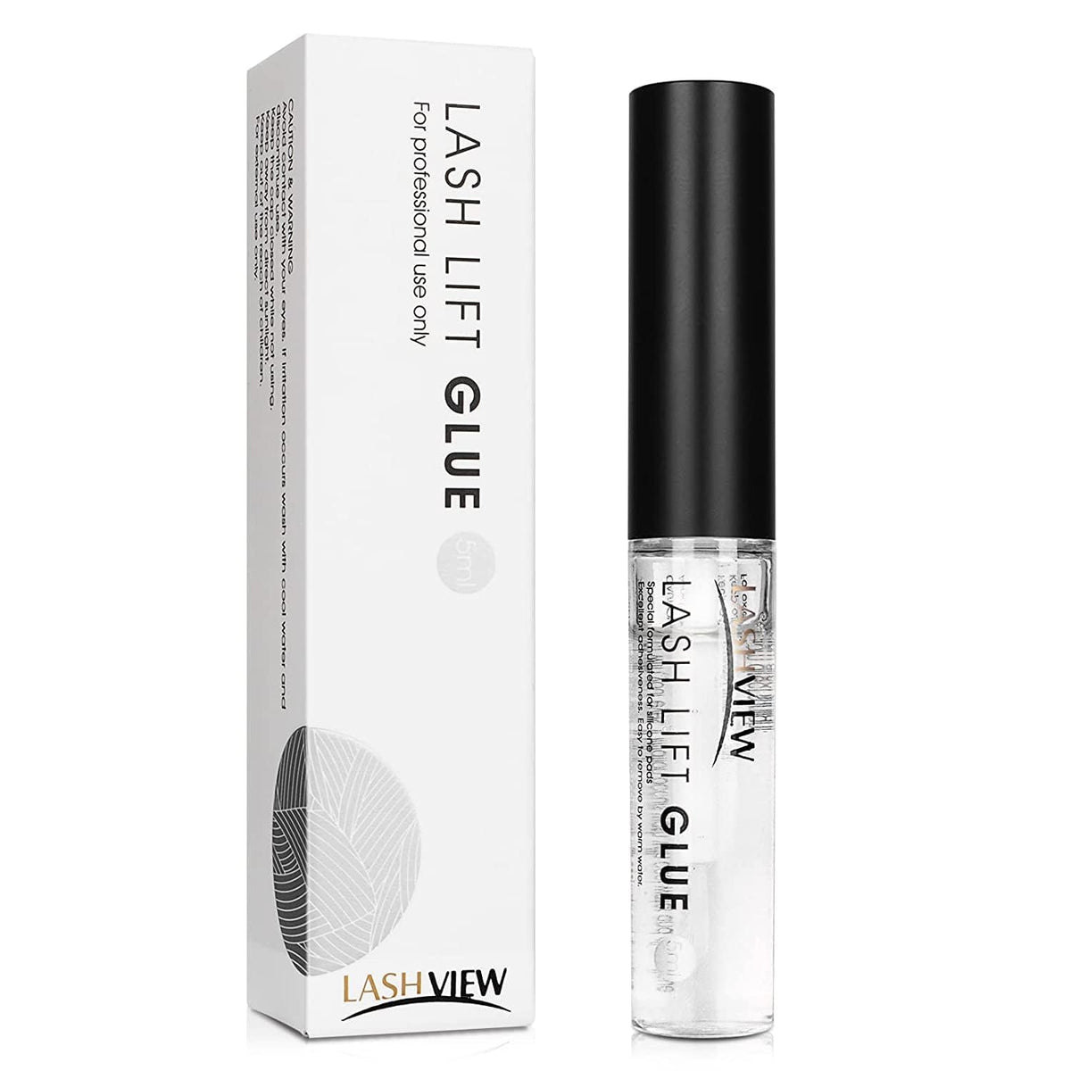 LASHVIEW front packaging showing compact 5ml bottle and branding benefits