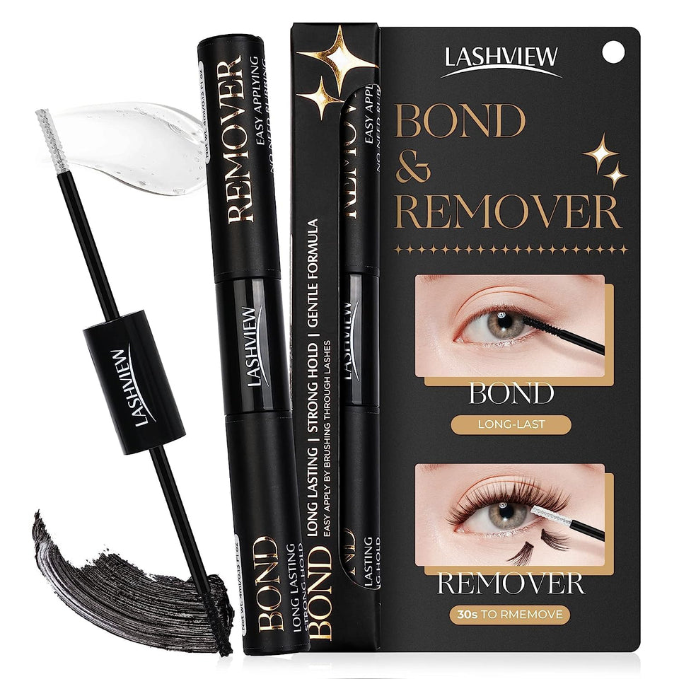 LASHVIEW front packaging showing dual-ended lash glue and remover, convenient travel benefit