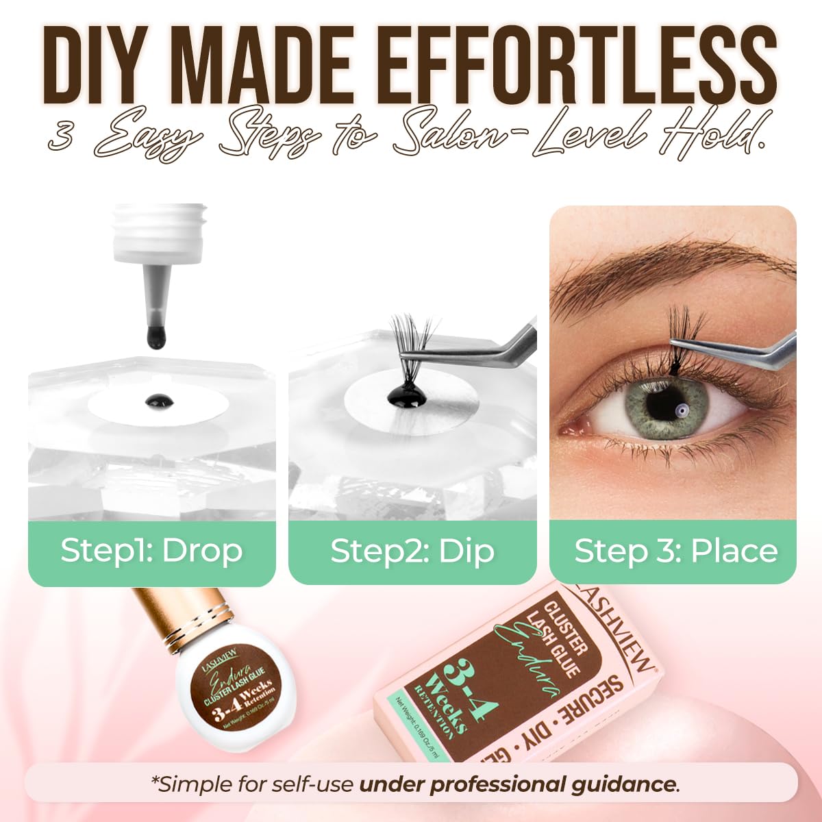 LASHVIEW label and ingredients panel clarifying low-odor, latex-free benefits