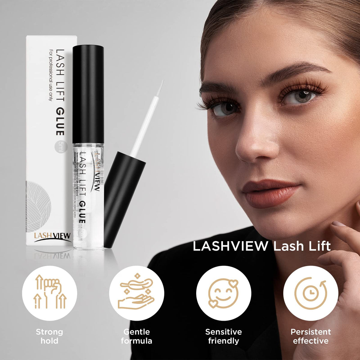 LASHVIEW label close-up highlighting ingredients and low-odor benefit