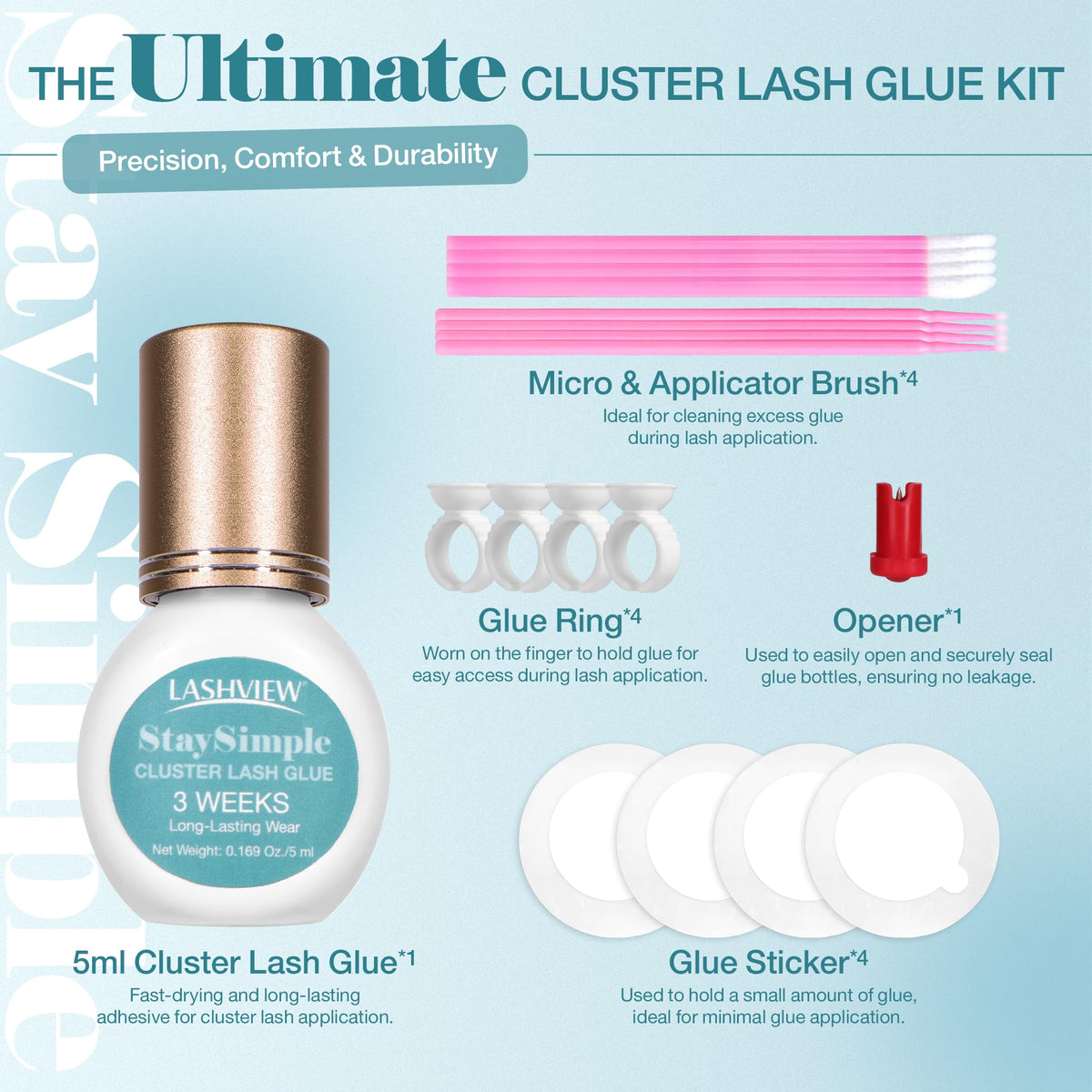 LASHVIEW applicator brushes, glue rings and stickers laid out for easy use