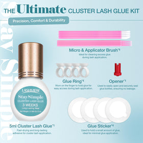 LASHVIEW applicator brushes, glue rings and stickers laid out for easy use