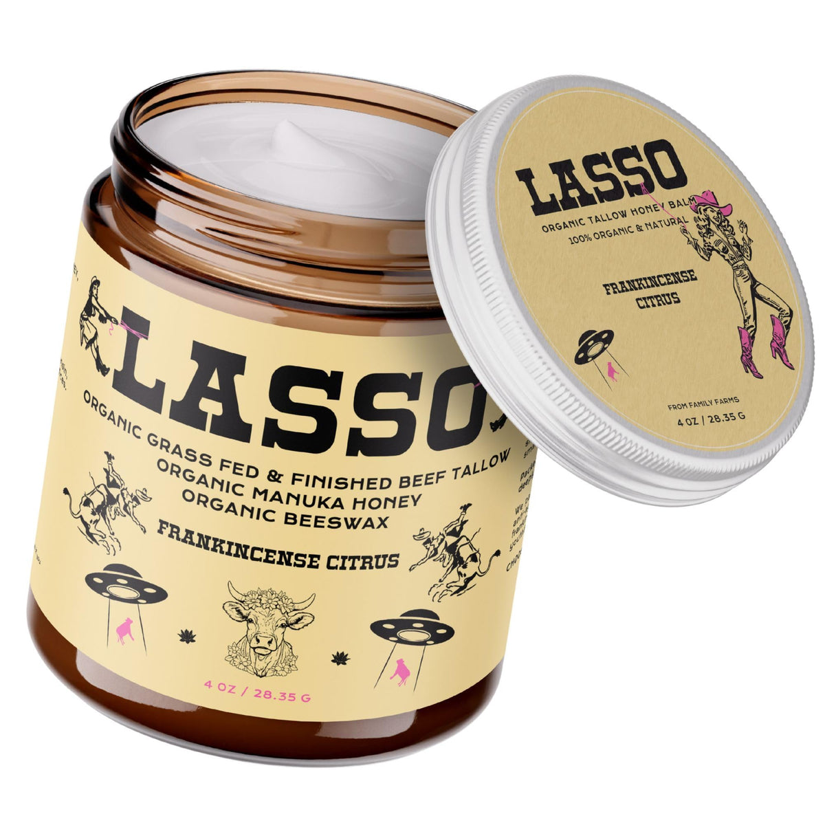 LASSO front jar view showing frankincense citrus balm and branding benefit: visible premium packaging