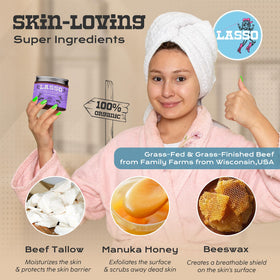 LASSO label with tallow origin info highlighting grass-fed small-farm sourcing benefit