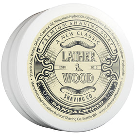 Lather & Wood sandalwood front puck showing packaging and size benefit