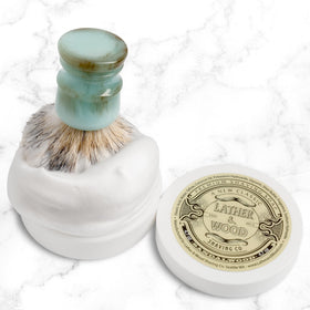 Lather & Wood sandalwood being used with brush and razor for smooth shave