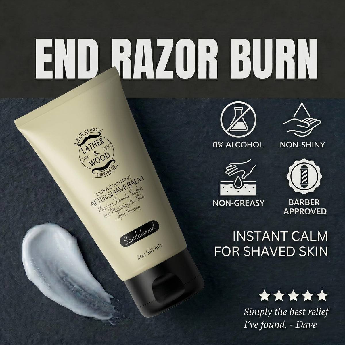 Lather & Wood applied to jawline showing soothing post-shave relief