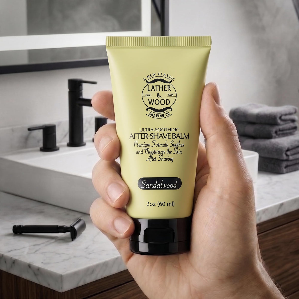 Lather & Wood ingredients label highlighting gentle, nourishing components