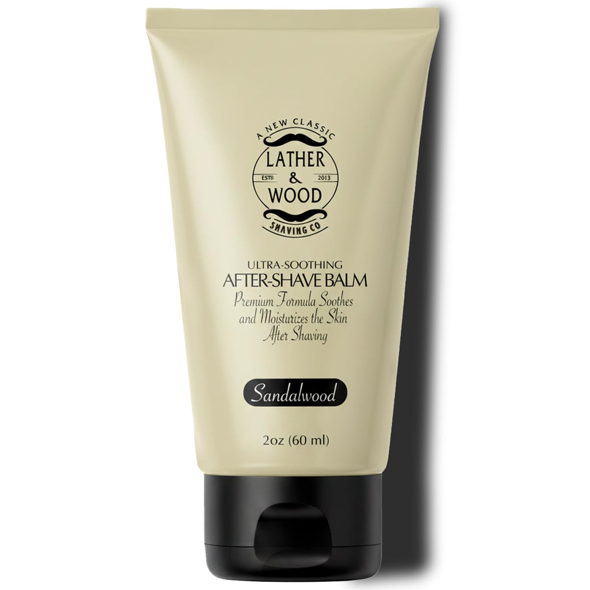 Lather & Wood front bottle showing label and sandalwood scent benefit