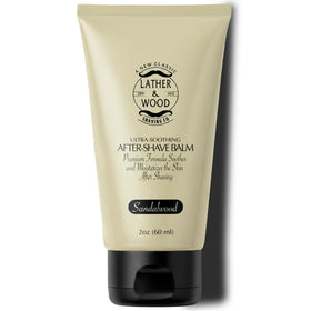 Lather & Wood front bottle showing label and sandalwood scent benefit