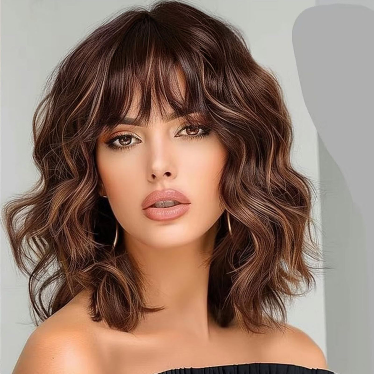 Lativ front view brown highlight bob wig showing flattering face frame benefit