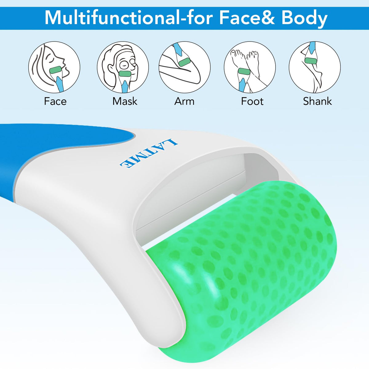 LATME roller head close-up showing smooth surface for gentle cooling massage