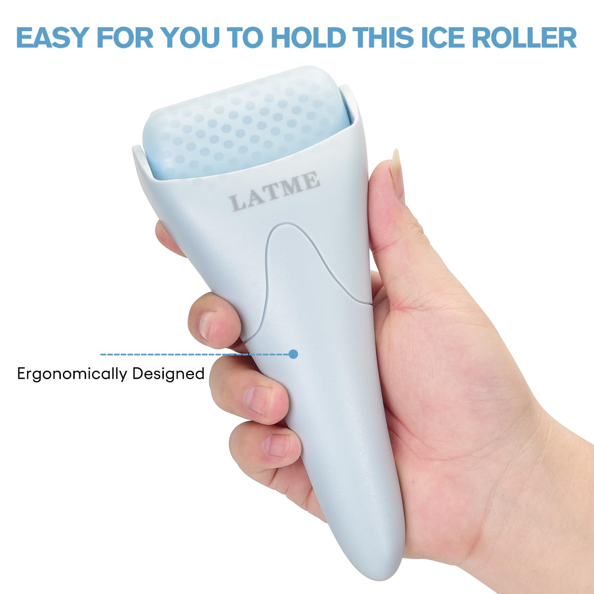 LATME ice roller rolling under eye to reduce puffiness and refresh