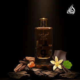 Lattafa flatlay with vanilla and oud woods highlighting warm notes