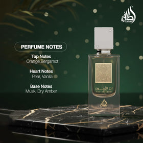 Lattafa Ana Abiyedh scent pyramid graphic highlighting spicy and sweet notes