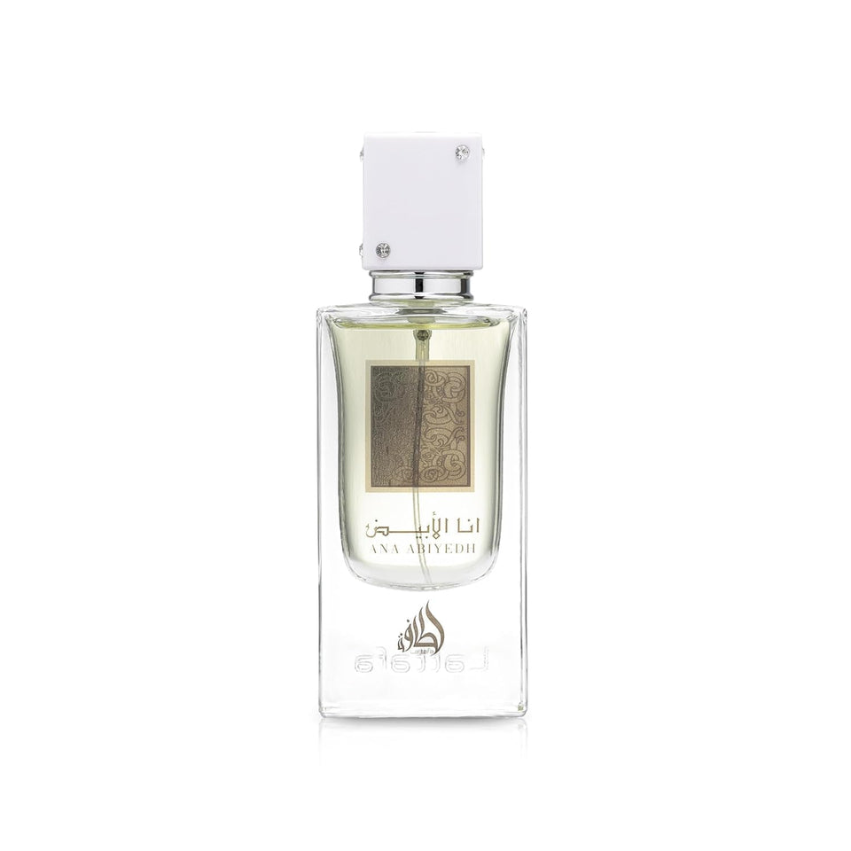 Lattafa Ana Abiyedh front packaging showing bottle and box, invoking quality