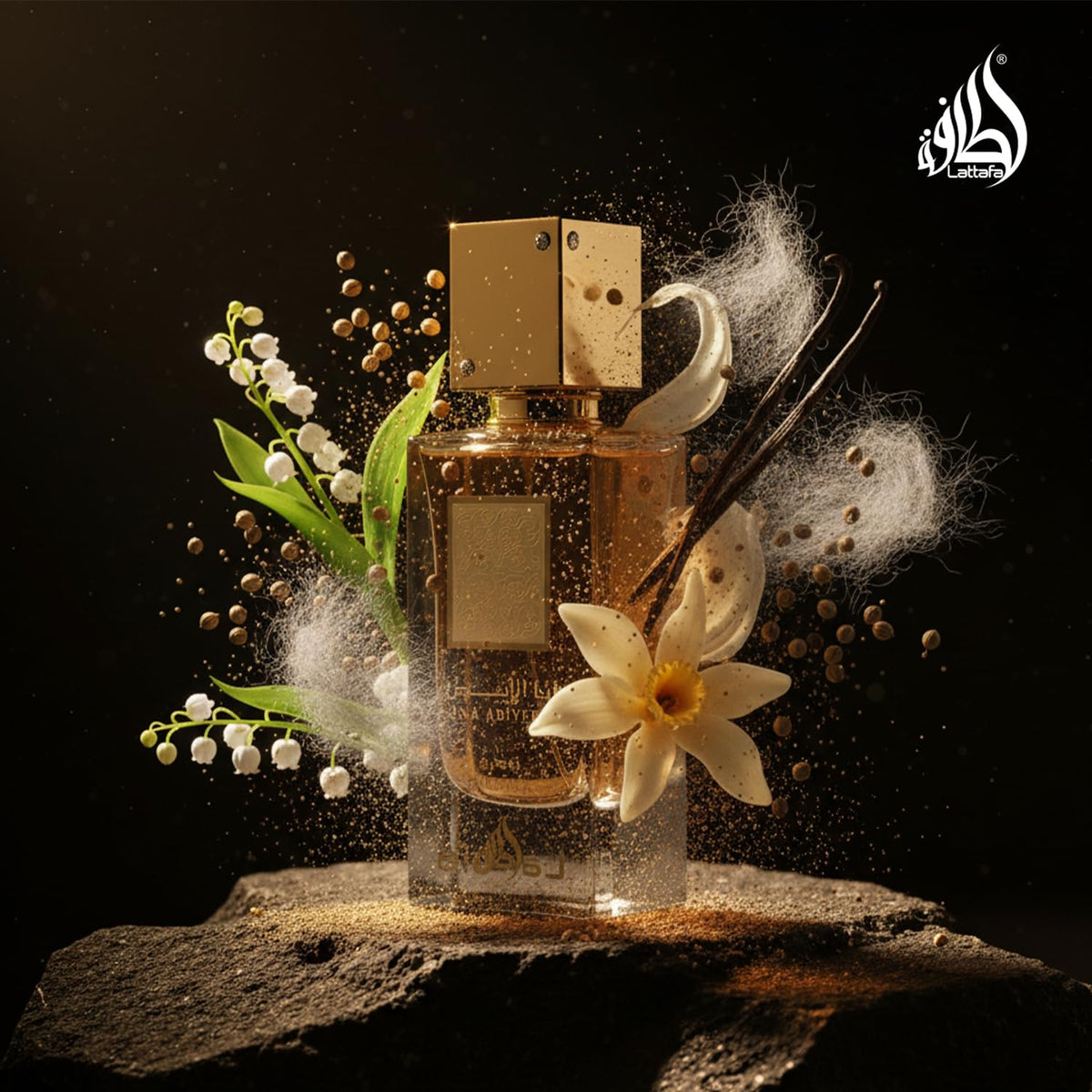 Lattafa vanilla and tonka elements depicted to highlight creamy gourmand touch