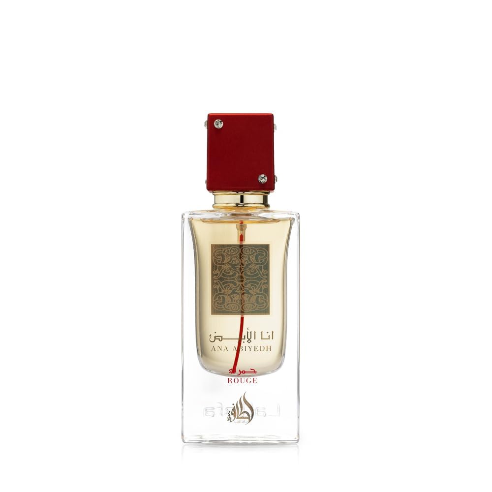 Lattafa Ana Abiyedh Rouge front bottle showing label and glass, elegant presentation benefit