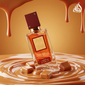 Lattafa close-up glass capturing liquid color and premium texture appeal