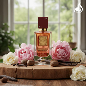 Lattafa ingredient arrangement featuring cherries rose and vanilla for complexity