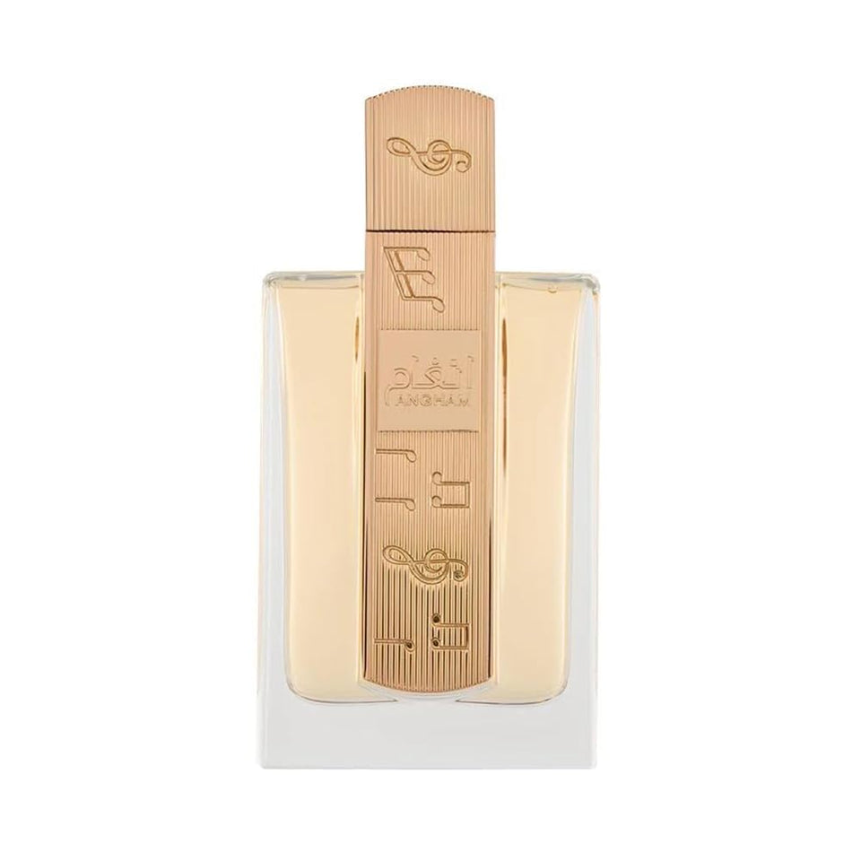 Lattafa Angham front bottle showing label and elegant silhouette for brand recognition
