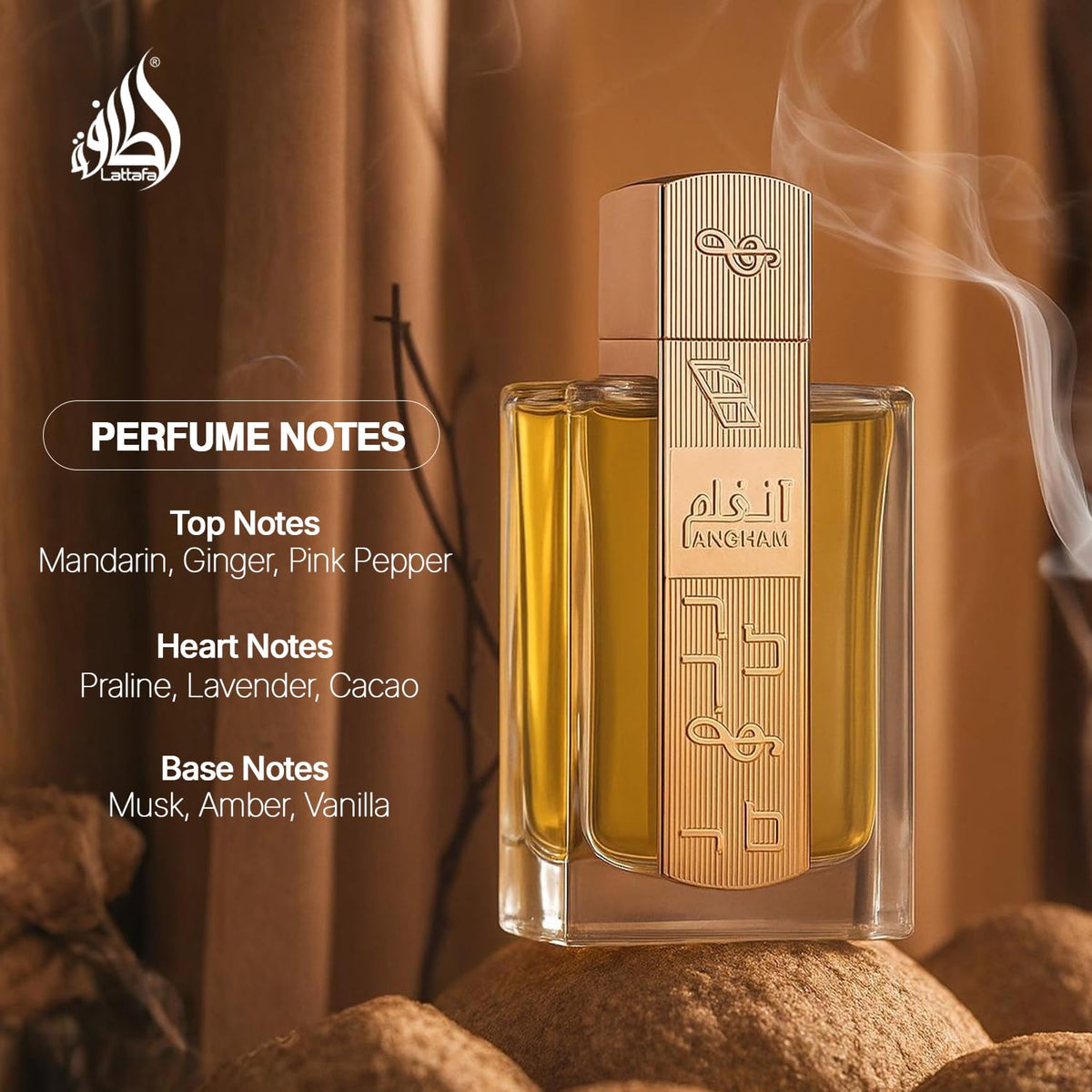 Lattafa Angham arranged notes concept image with citrus and vanilla conveying scent profile