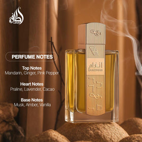 Lattafa Angham arranged notes concept image with citrus and vanilla conveying scent profile
