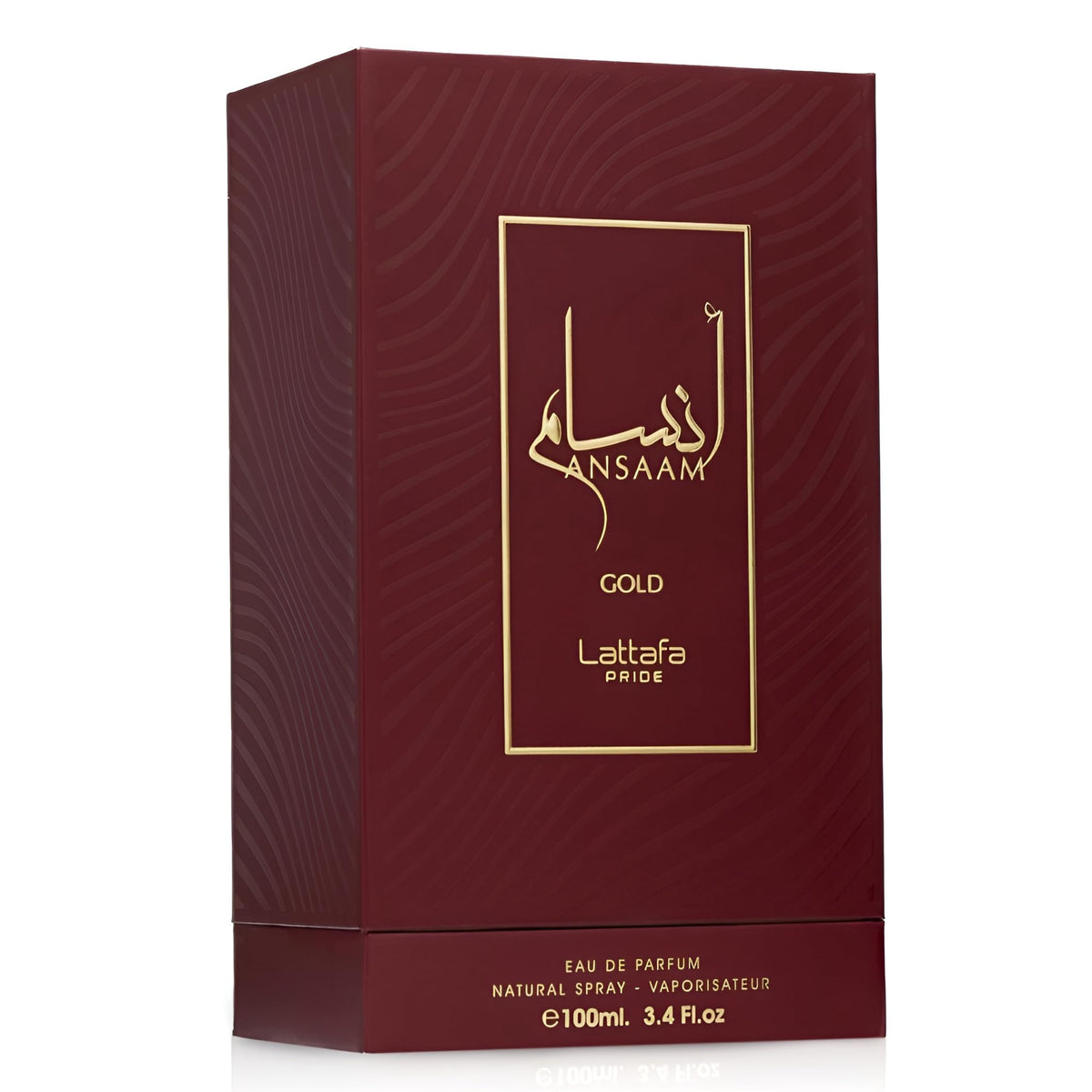 Lattafa Ansaam Gold bottle next to hand to show 100ml scale and travel convenience