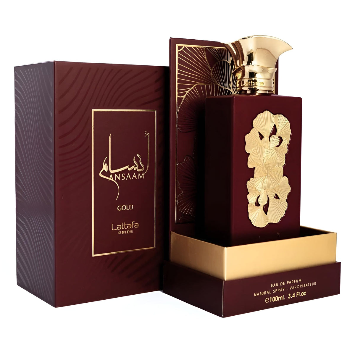 Lattafa Ansaam Gold spray in use on wrist demonstrating application and lasting scent