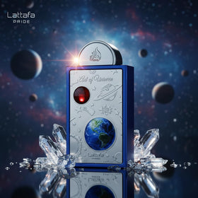 Lattafa Art of Universe 100 ml next to ruler to show true size and travel ease