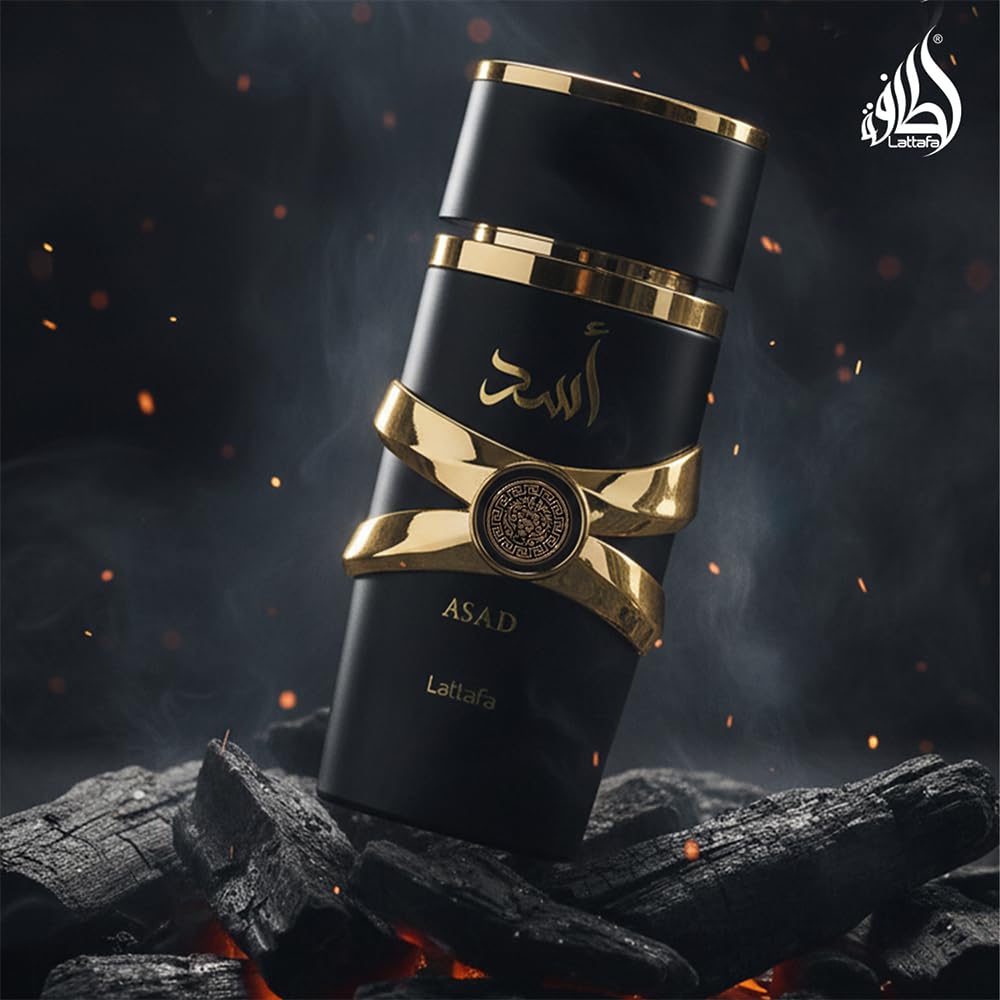 Lattafa Asad 100ml next to hand illustrating true size and generous volume benefit