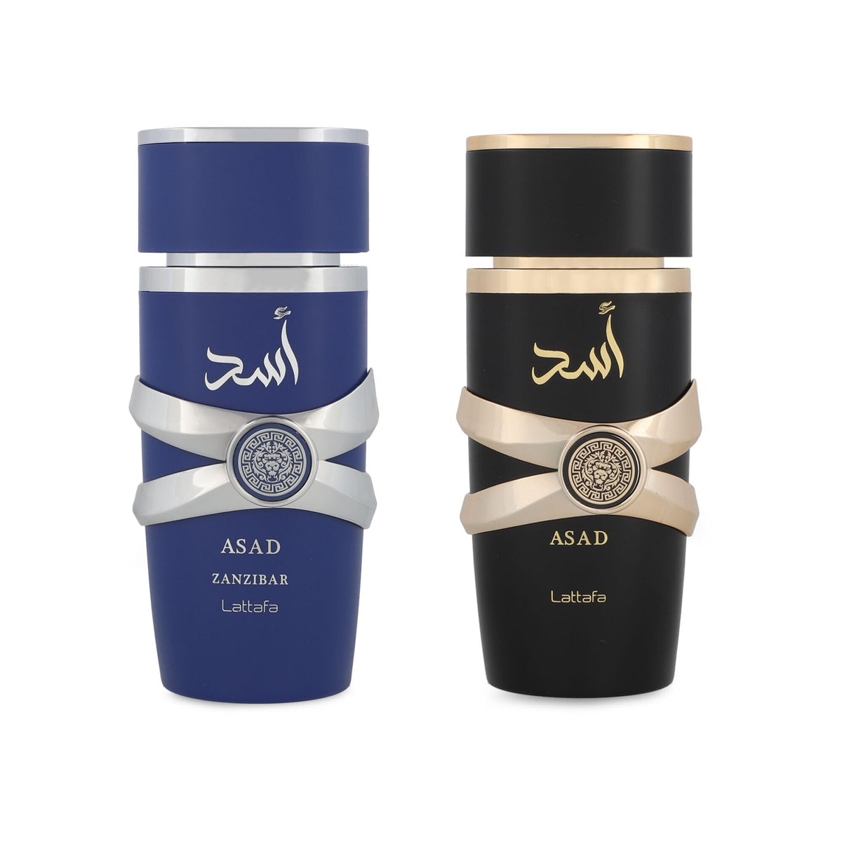 Lattafa Asad front packaging showing both bottles and gift box, elegant presentation benefit