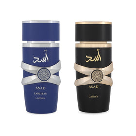 Lattafa Asad front packaging showing both bottles and gift box, elegant presentation benefit
