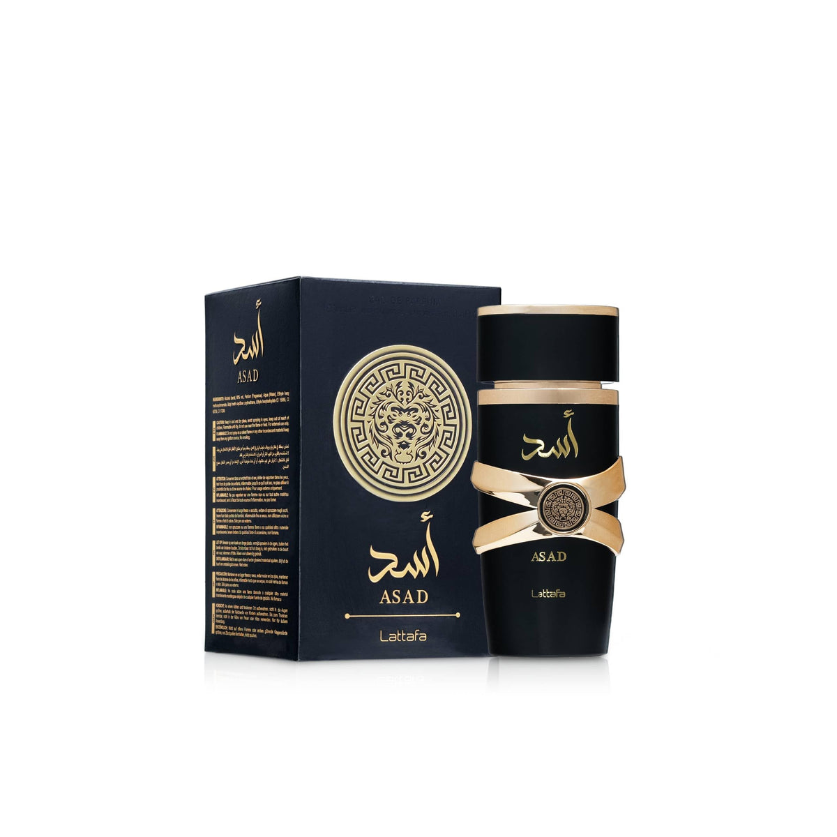 Lattafa Asad retail box packaging highlighting brand and protection