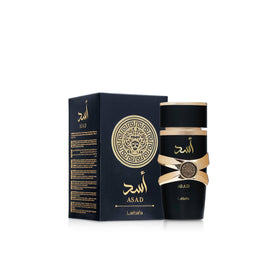 Lattafa Asad retail box packaging highlighting brand and protection