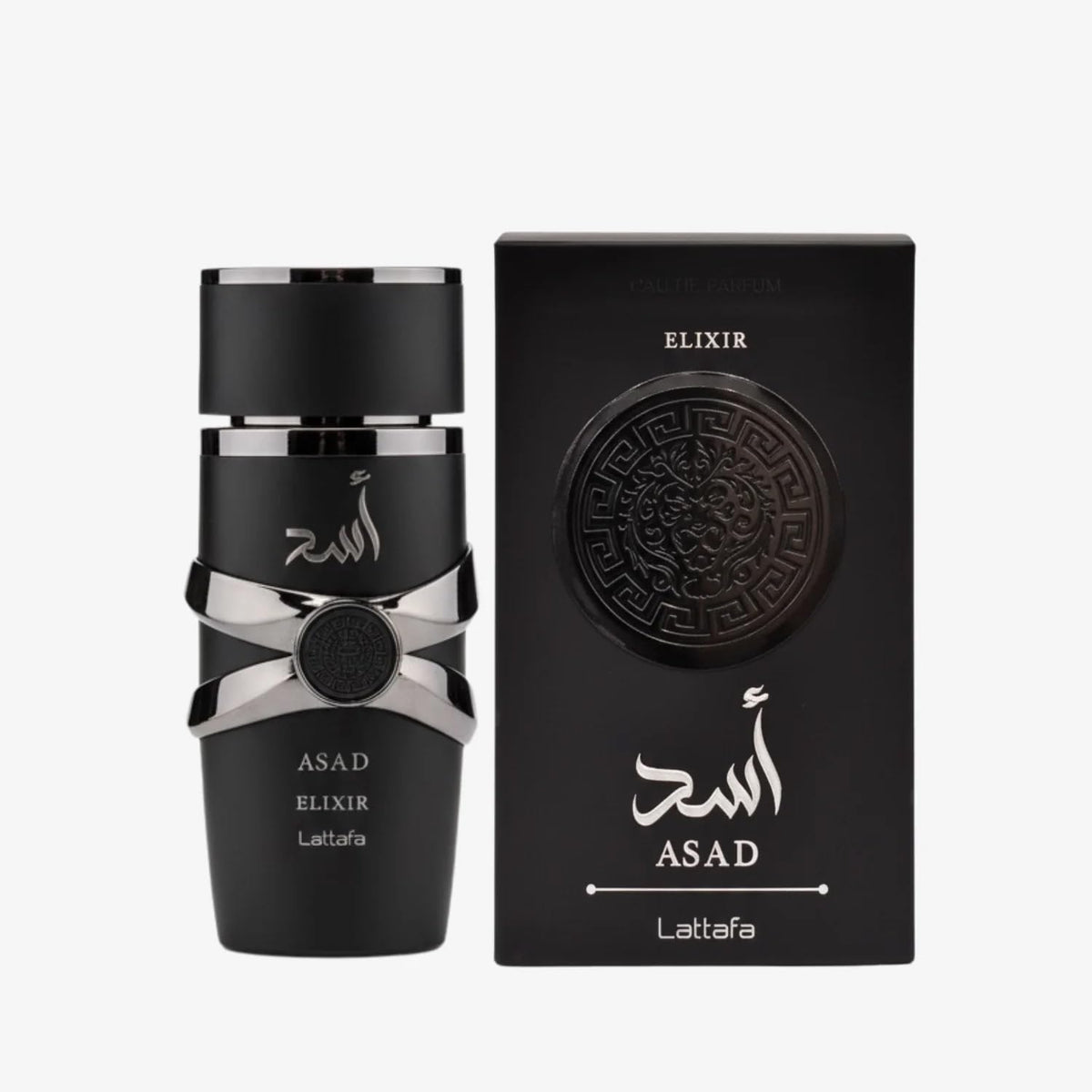 Lattafa Asad Elixir angled bottle highlighting silhouette and premium finish