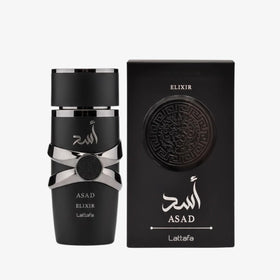 Lattafa Asad Elixir angled bottle highlighting silhouette and premium finish