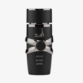 Lattafa Asad Elixir front bottle shot showing elegant design and confident presence